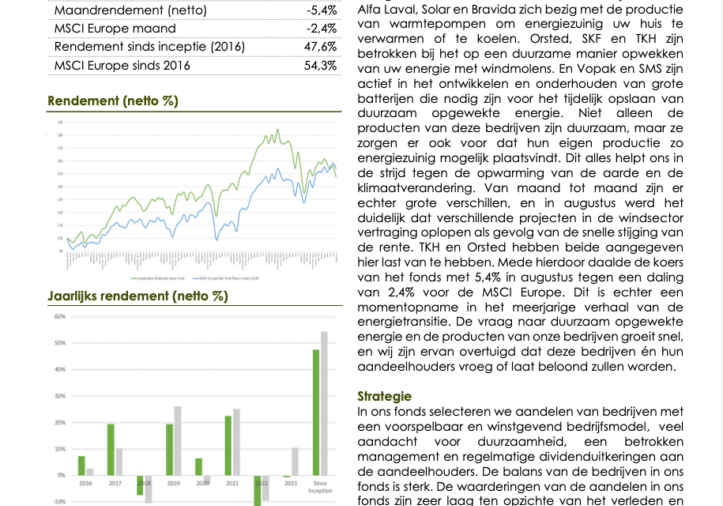 Sustainable Dividends Value Fund Maandbericht Augustus 2023