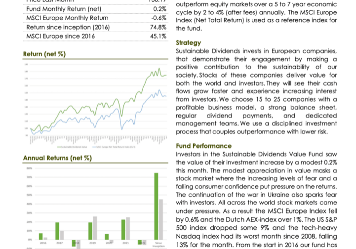 Sustainable Dividends Value Fund Monthly Report April 2022